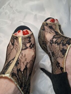 Women's Black Lace Peep-Toe Heels with Gold Trim Loved